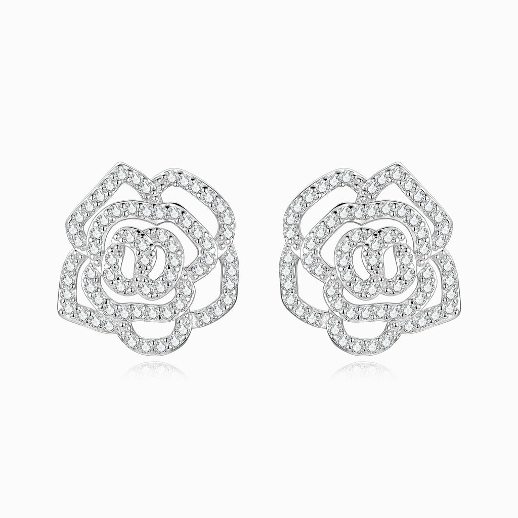 S925 Silver Moissanite Rose Camellia Stud Earrings