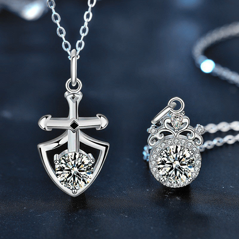 S925 Sterling Silver Moissanite Princess and Knight Pair of Personality Shield Crown Clavicle Pendant Couple Necklace
