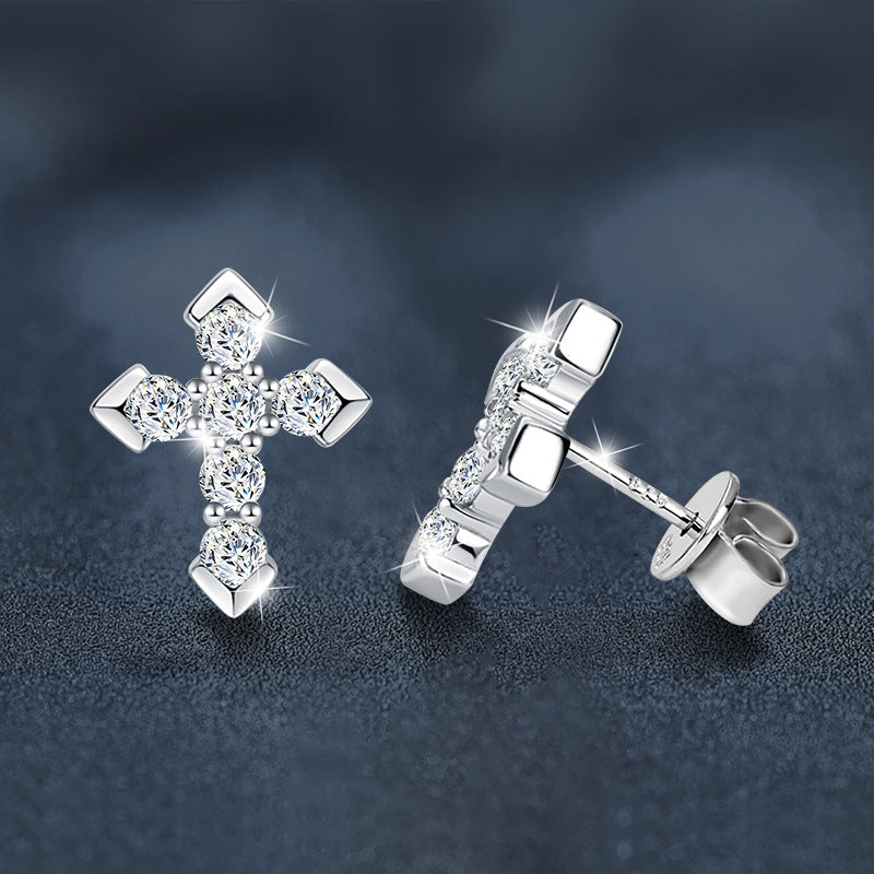 S925 Sterling Silver & Moissanite Cross Stud Earrings — Unique Design