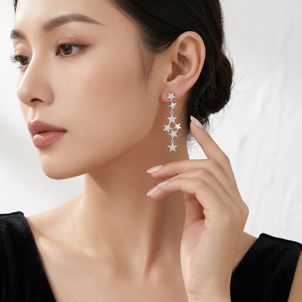 S925 Sterling Silver Long Star-Shaped Moissanite Stud Earrings