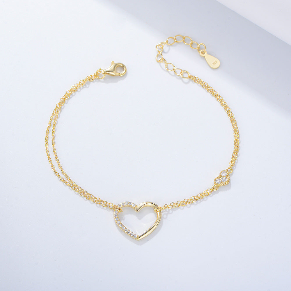 S925 Sterling Silver Zircon Inlaid Heart-Shaped Double-Layer Bracelet