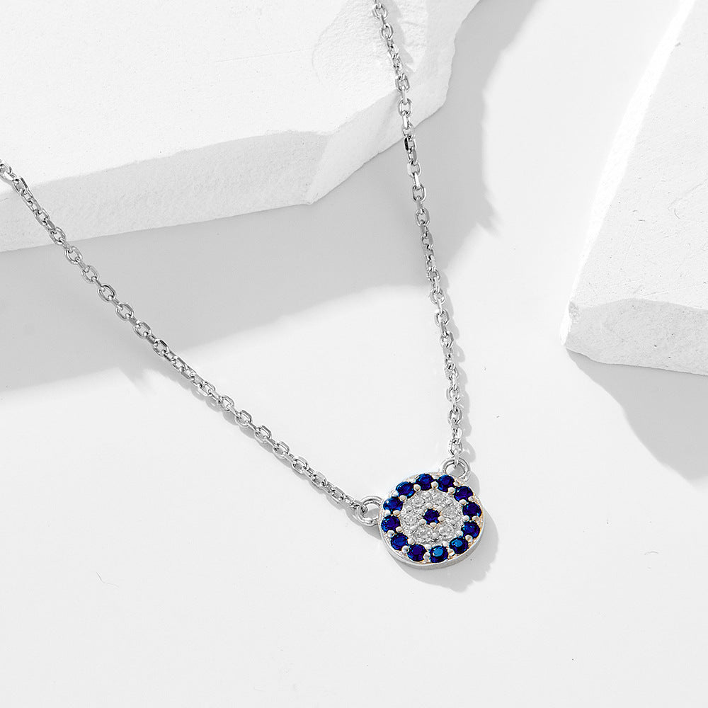 S925 Sterling Silver Devil's Eye Round Blue White Zircon Inlaid Necklace