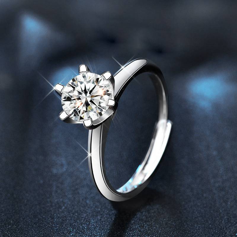 925 Sterling Silver Adjustable Six-Prong Moissanite Ring