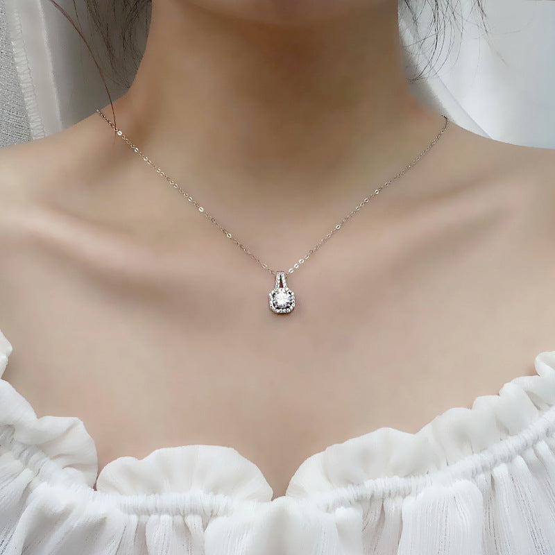 S925 Sterling Silver Moissanite Princess Square Bag Clavicle Pendant Necklace