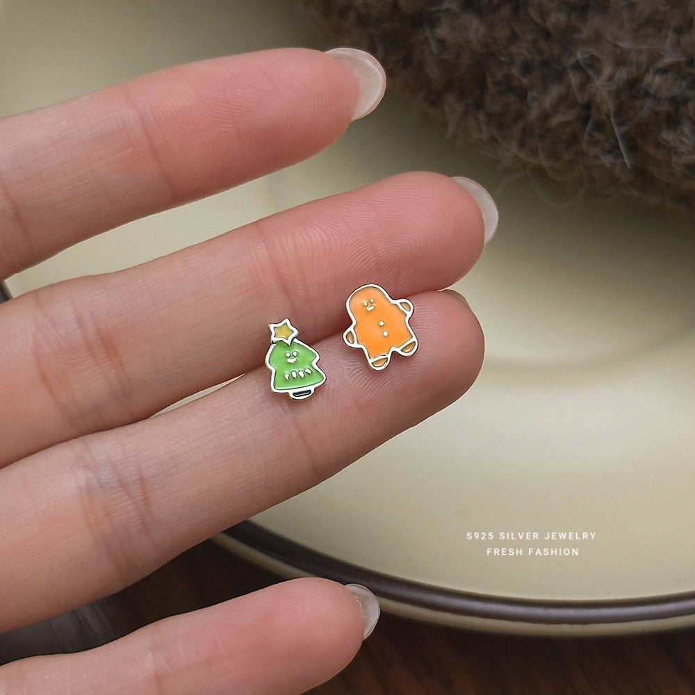 S925 Sterling Silver Gingerbread Man and Christmas Tree Stud Earrings