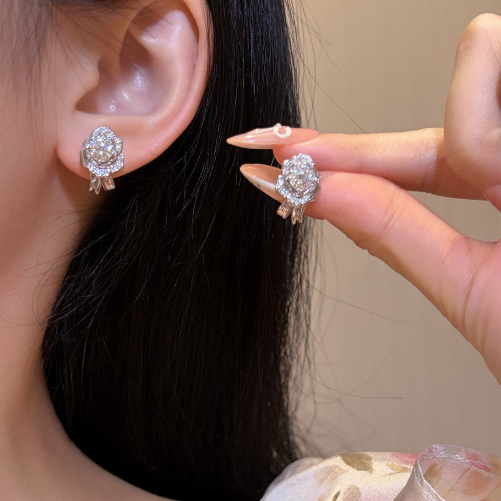 S925 Silver Camellia Stud Earrings with Moissanite