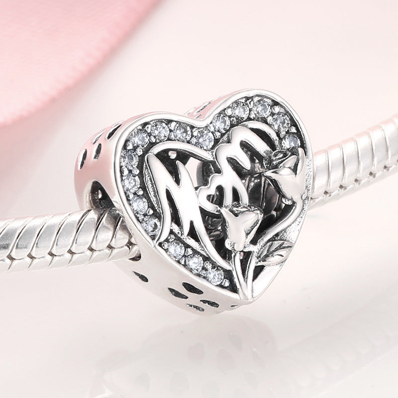S925 Sterling Silver Loving Heart Hollow Zircon Trim Bead Pendant