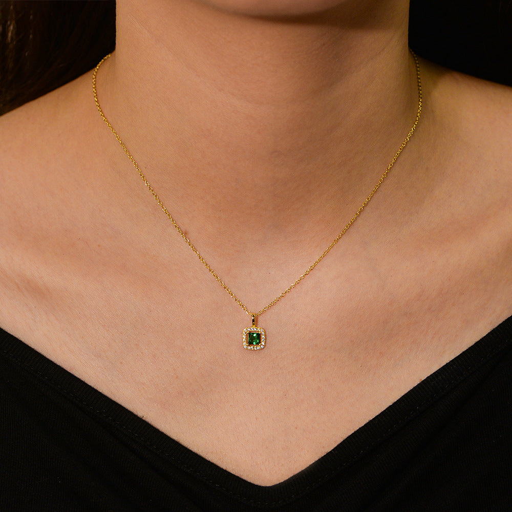 S925 Sterling Silver Square Emerald Zircon Pendant Necklace