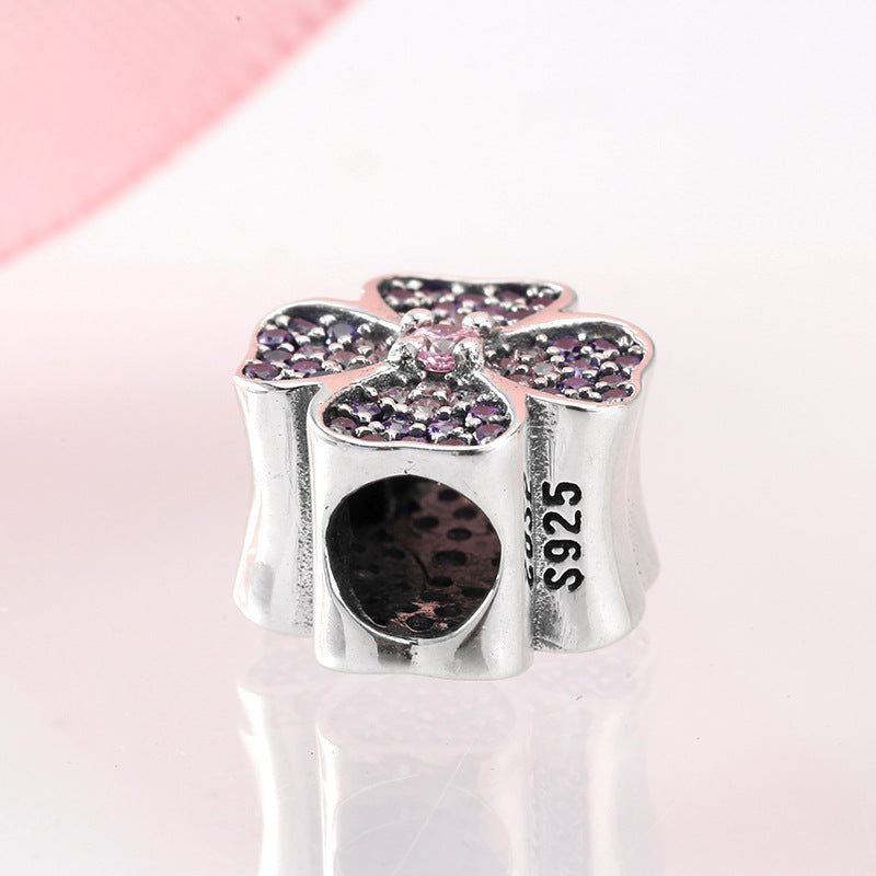 S925 Sterling Silver Sparkling Pink Purple Four Leaf Clover Bead Pendant