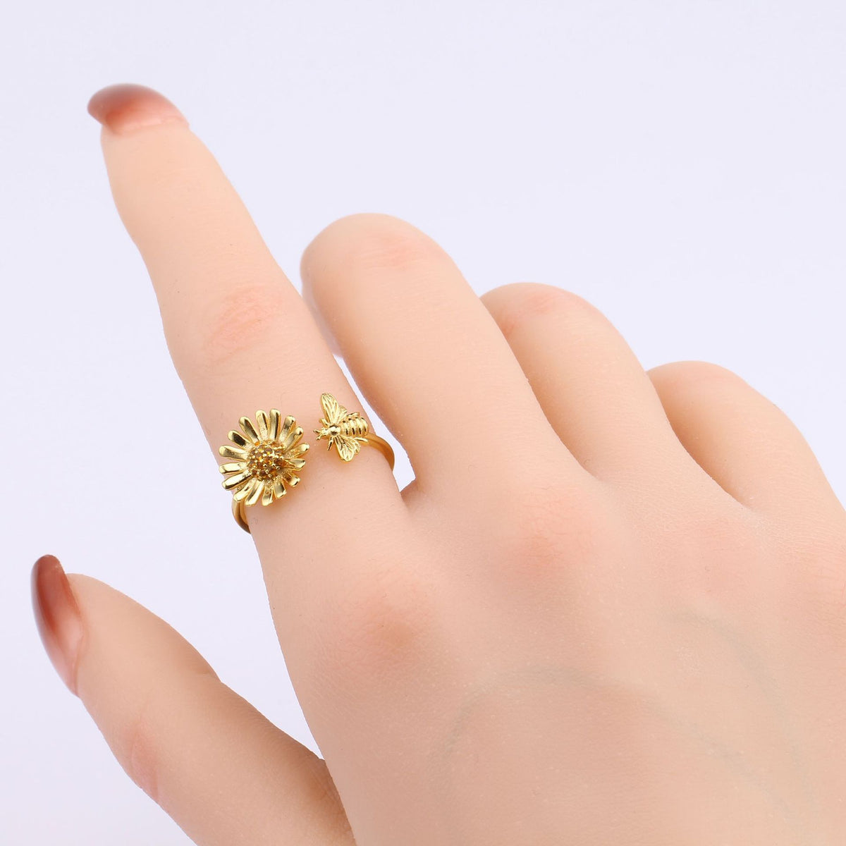 S925 Sterling Silver Creative Personalized Sunflower Bee Zirconia Ring