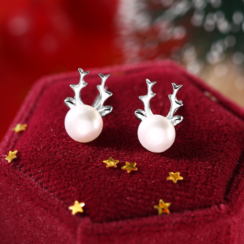 S925 Sterling Silver Christmas Reindeer and Natural Freshwater Pearl Stud Earrings