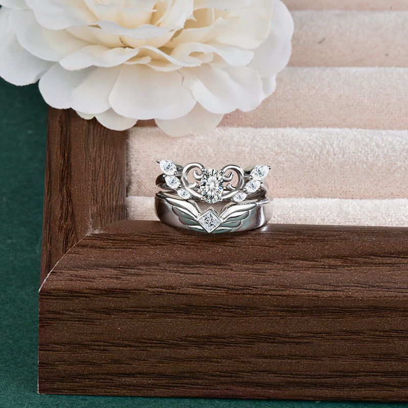 S925 Sterling Silver “Angel Wings” Moissanite Couple Ring