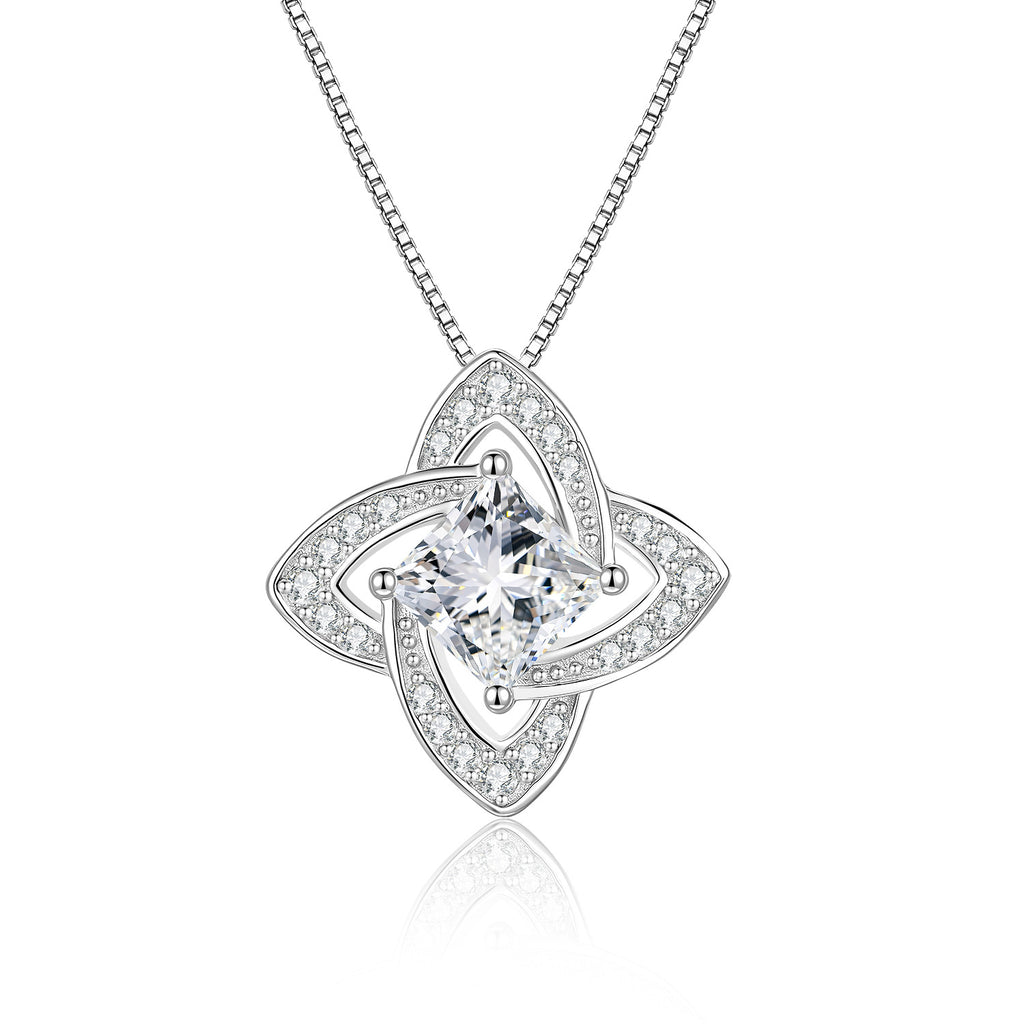 S925 Sterling Silver Moissanite and White Crystal Clover Pendant Necklace