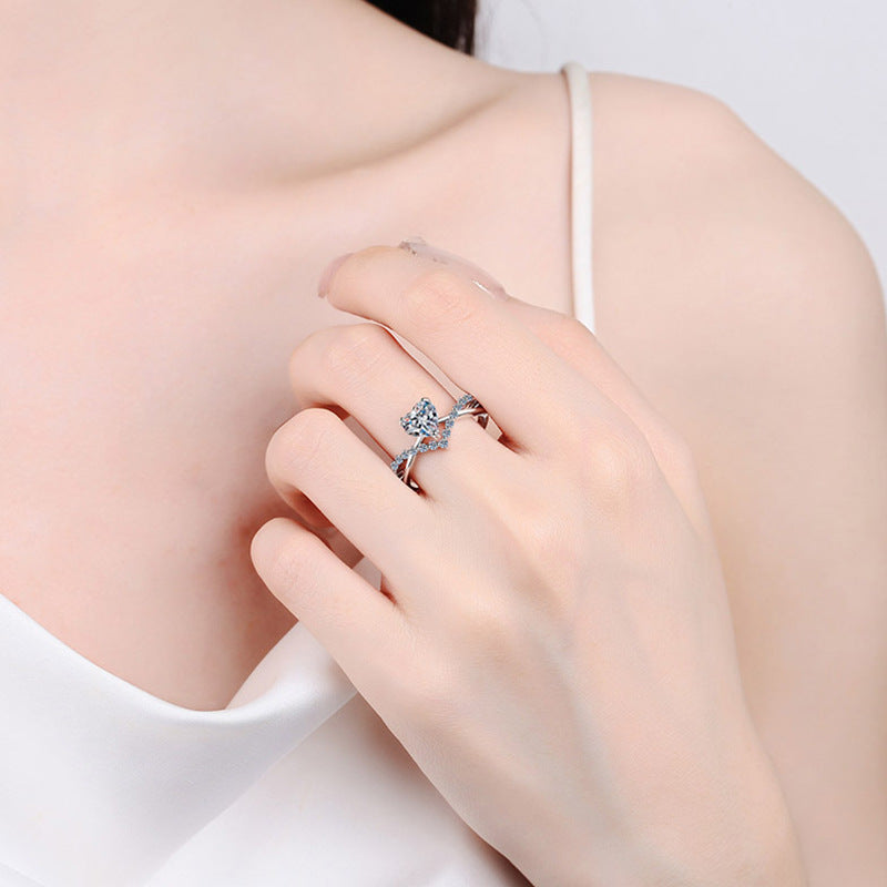 S925 Sterling Silver Heart Moissanite Diamond Accent Surround Ring