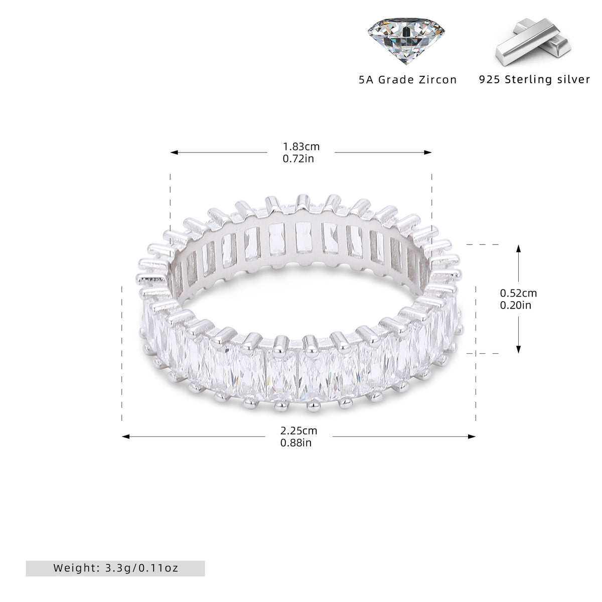 Versatile S925 sterling silver ring with rectangular zircon clusters