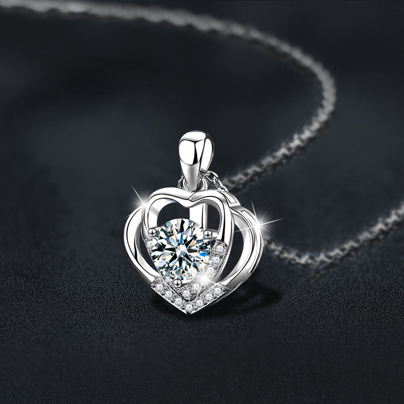 S925 Sterling Silver Moissanite Heart-to-Heart Pendant Necklace