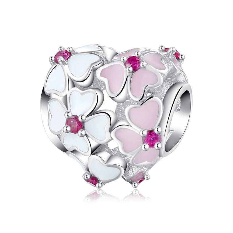 S925 Sterling Silver Exquisite Pink and White Four Leaf Clover Heart-Shaped Zircon Pendant
