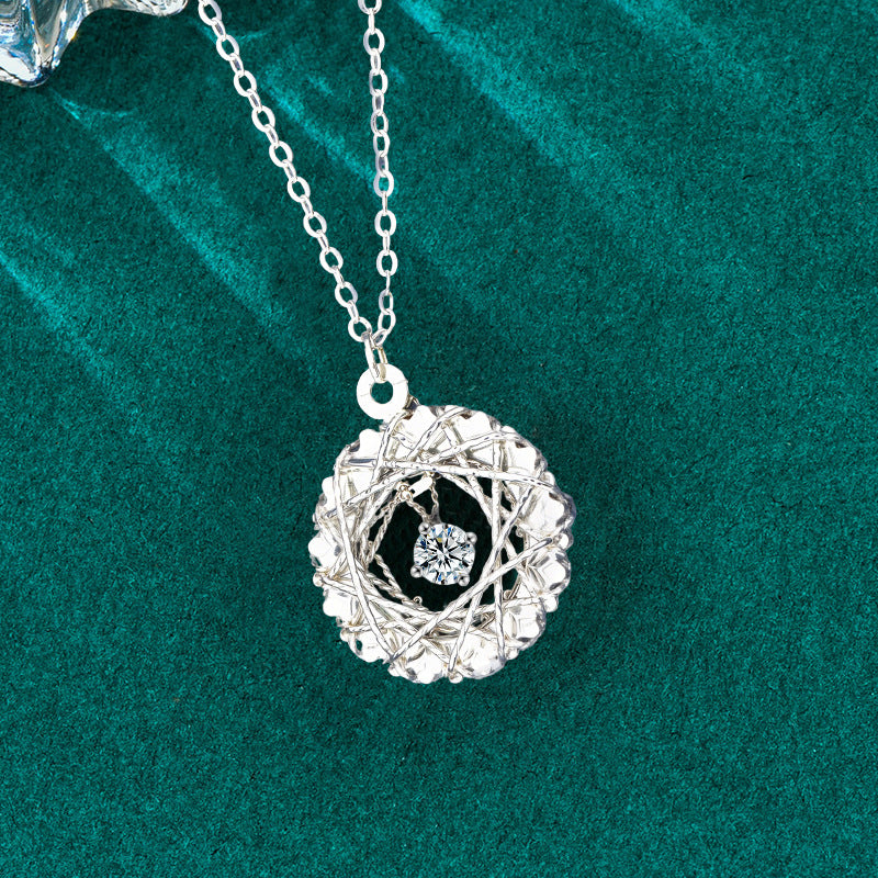S925 Sterling Silver Woven Dream Net Garland Moissanite  Pendant Necklace