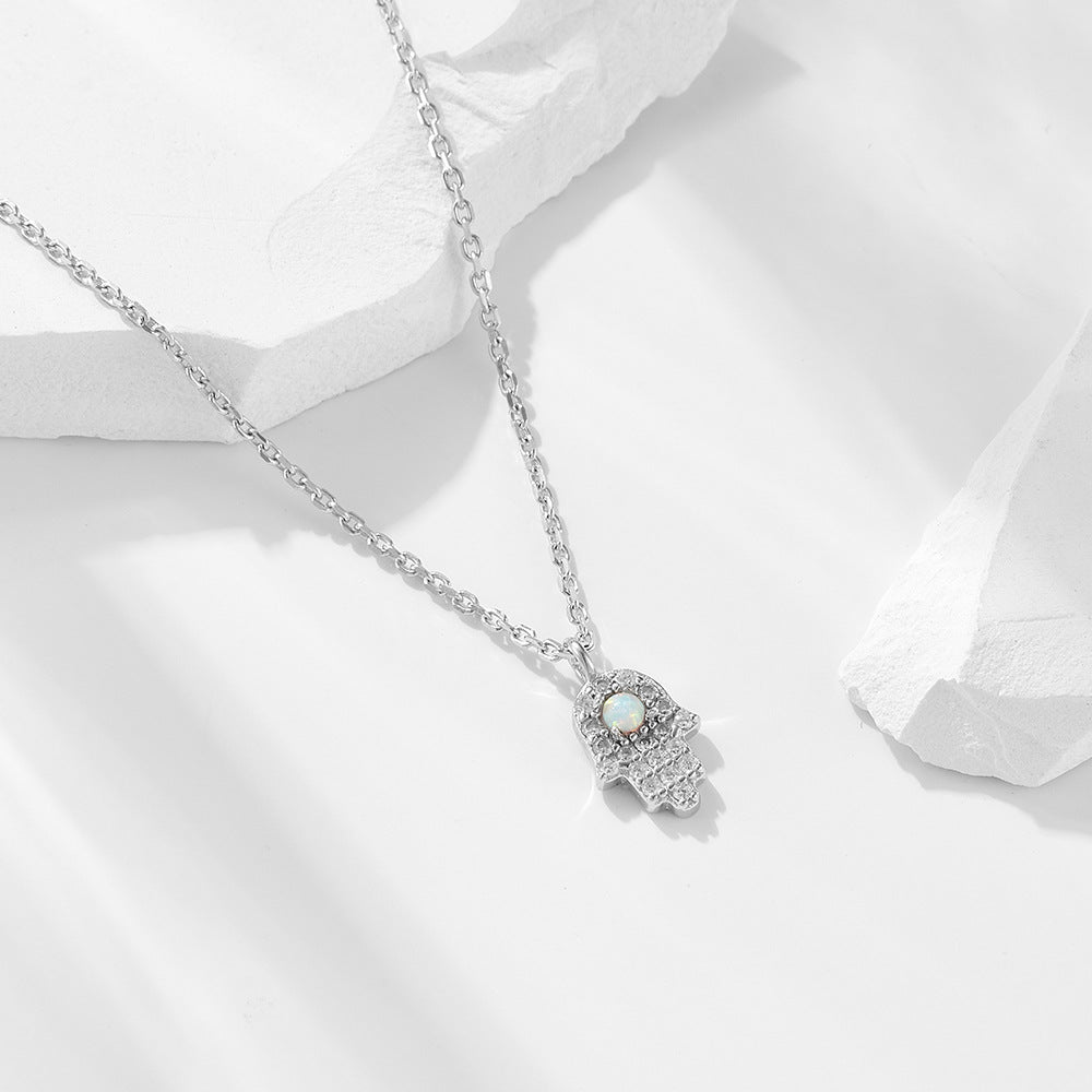 S925 Sterling Silver Fatima Hand Zircon Inlaid Necklace