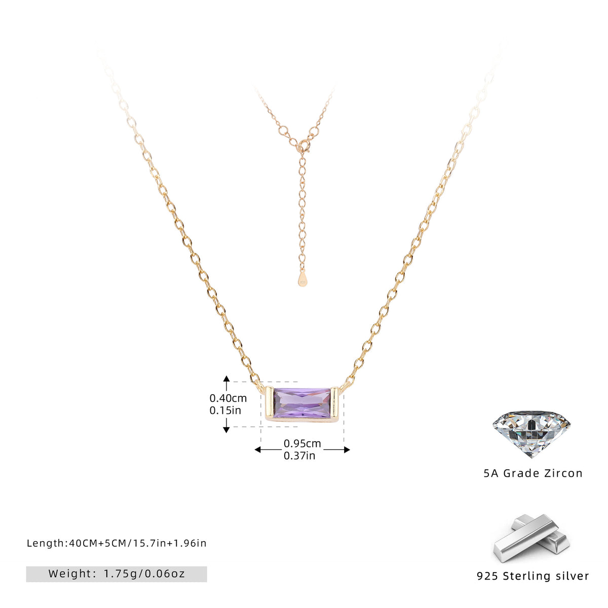 Rectangular colored zircon s925 sterling silver December birthstone collar necklace