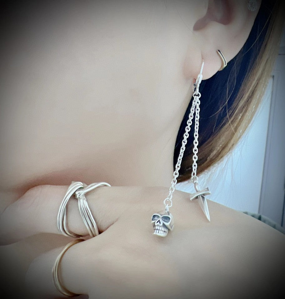 S925 Sterling Silver Halloween Distressed Skull Tassel Earrings