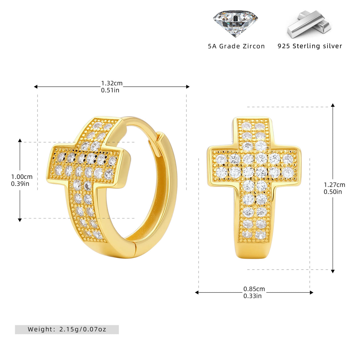 Pave CZ Cross Huggie Hoop Earrings in 925 Sterling Silver