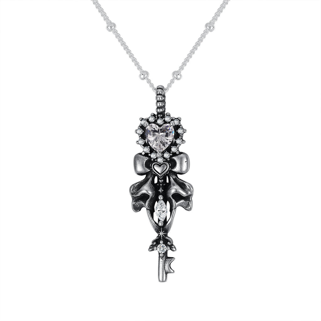 S925 Silver Halloween Heart-Shaped Bow Key Necklace