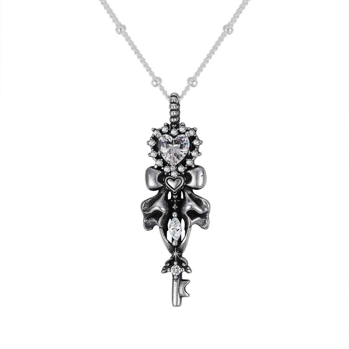 S925 Silver Halloween Heart-Shaped Bow Key Necklace