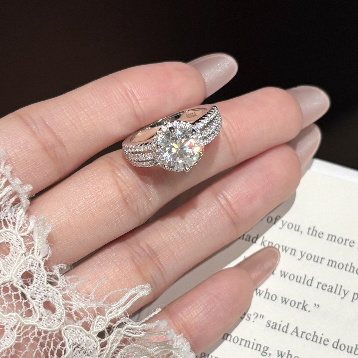 S925 Sterling Silver Six-Prong Moissanite Ring with Micro-Pave Setting