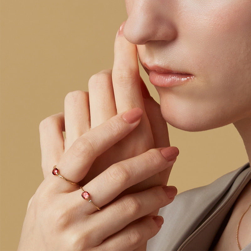 S925 Sterling Silver Gold-Plated Natural Garnet Ring