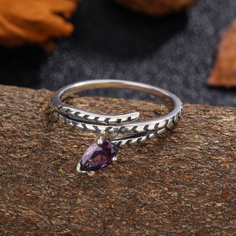 S925 Sterling Silver Halloween-Style Antiqued Snake Ring Set with Purple Zirconia