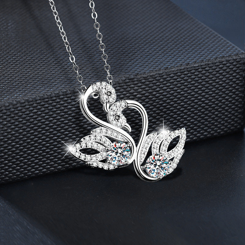 S925 Sterling Silver Moissanite Double Swan Pendant Necklace