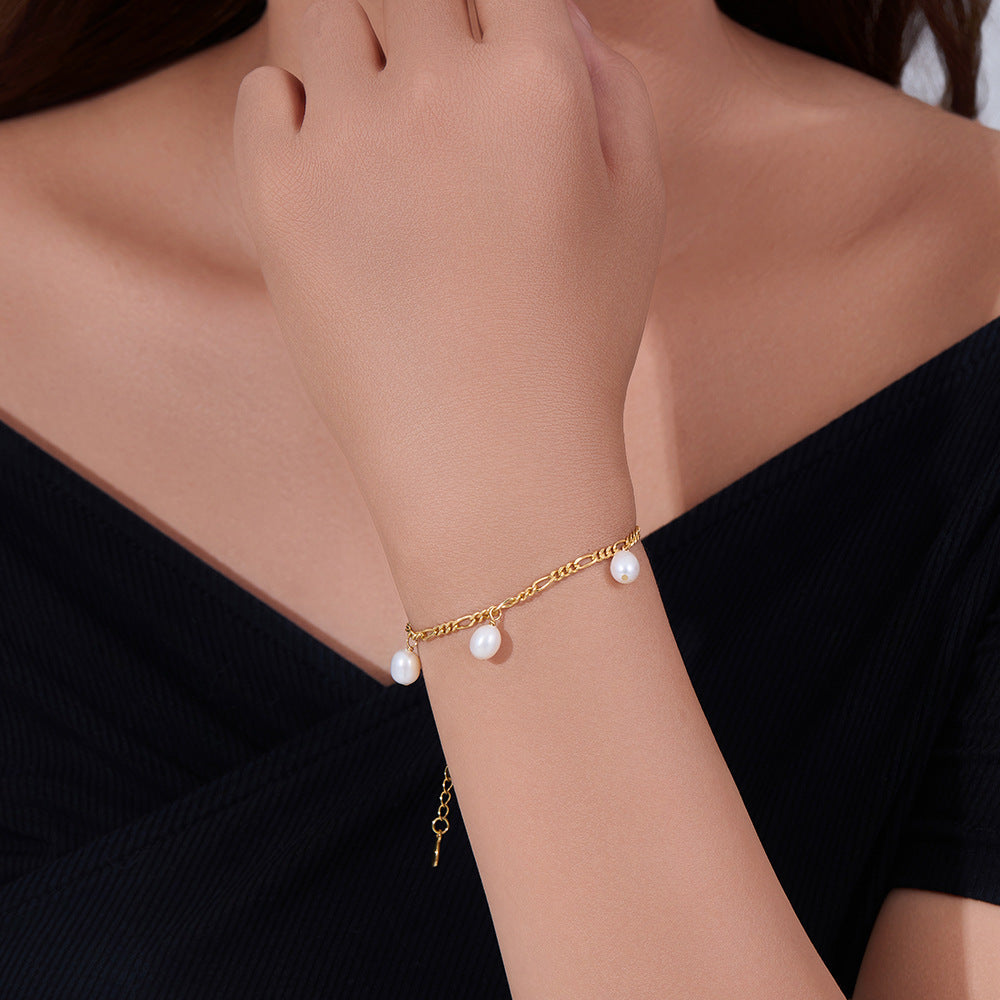 S925 Sterling Silver 18K Gold Plating Natural Cultured Pearl Bracelet