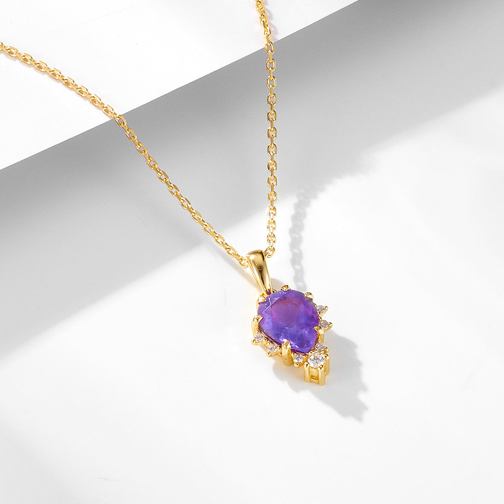 S925 Sterling Silver Natural Amethyst Pendant Zircon Necklace