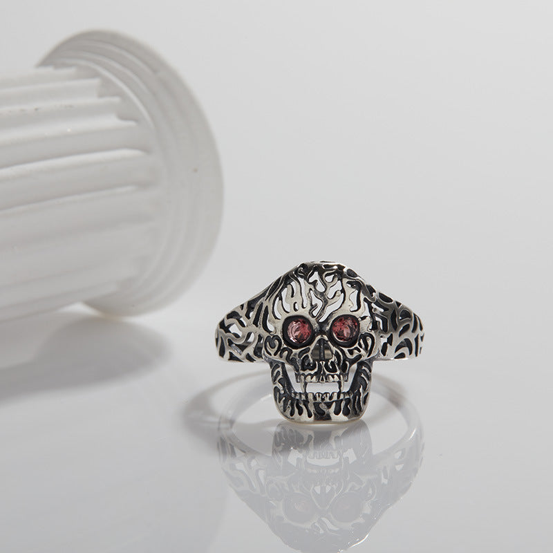 S925 Sterling Silver Halloween Garnet Skull Open Ring