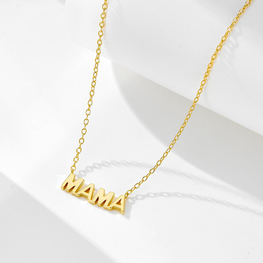 S925 Sterling Silver Electroplated 14K Glossy Mama Letter Pendant Mother's Day Necklace