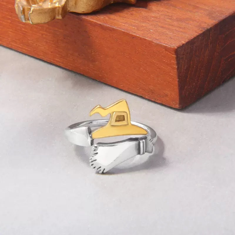 S925 Sterling Silver Halloween Pumpkin, Skull, and Broomstick Open Adjustable Ring