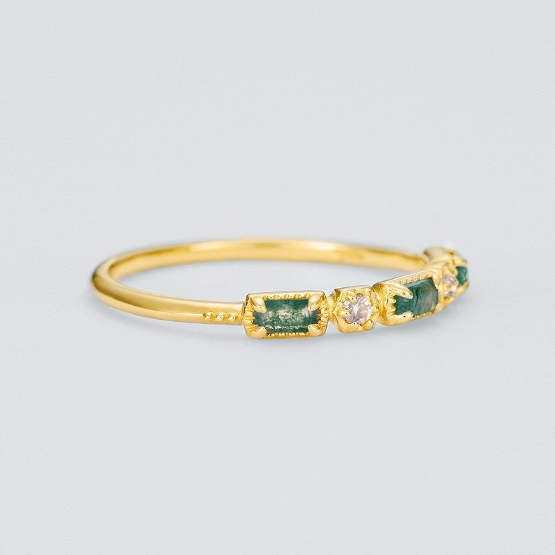 S925 Sterling Silver Gold-Plated Moss Agate Ring