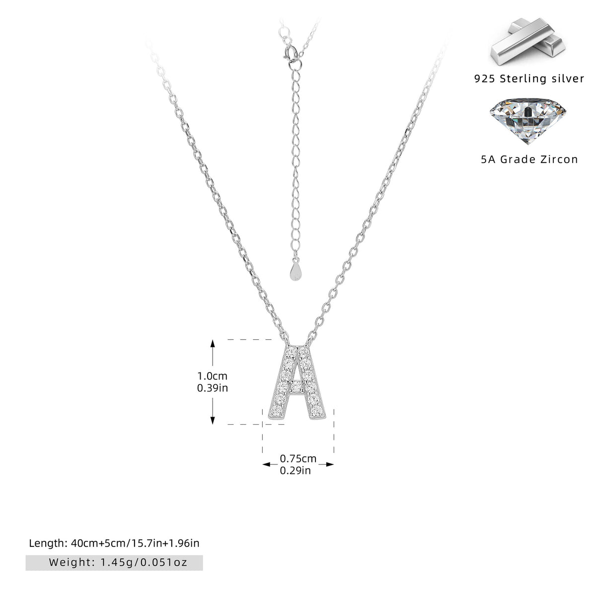 S925 Sterling Silver Simple Diamond Necklace with English Letters