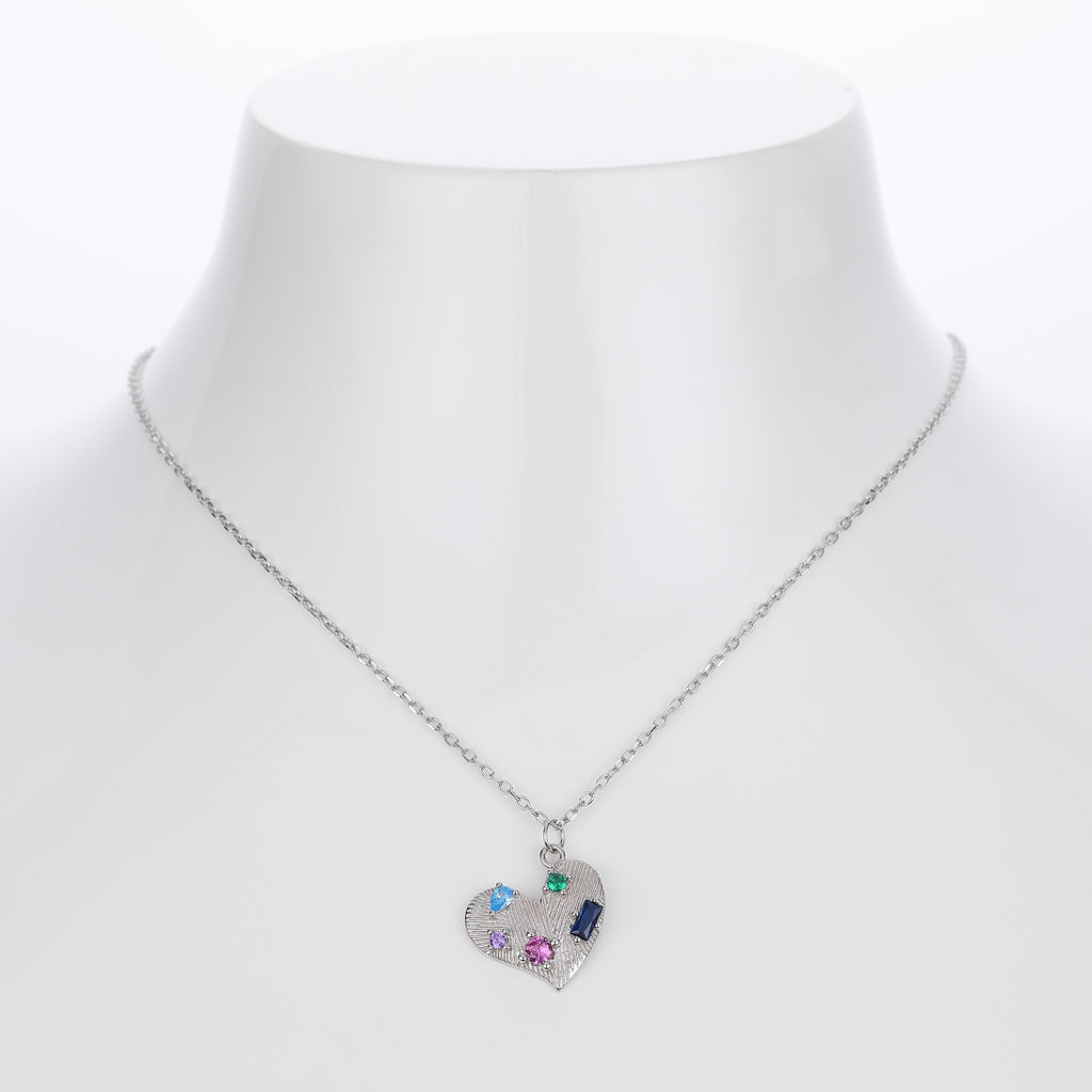 S925 Sterling Silver Heart Necklace Inlaid with Colored Zirconium