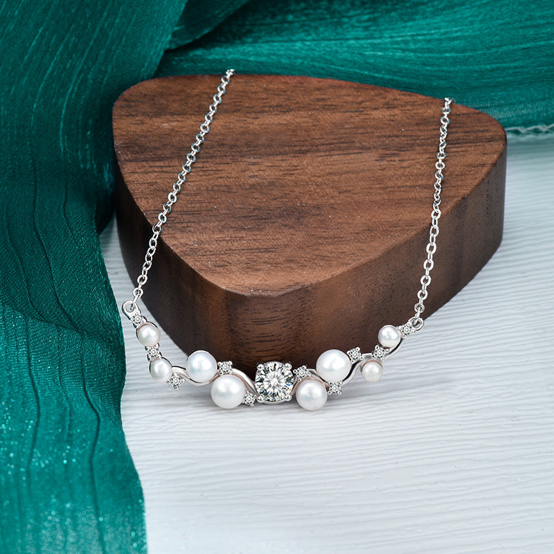 S925 Sterling Silver Natural Freshwater Pearl  Moissanite Pendant Necklace
