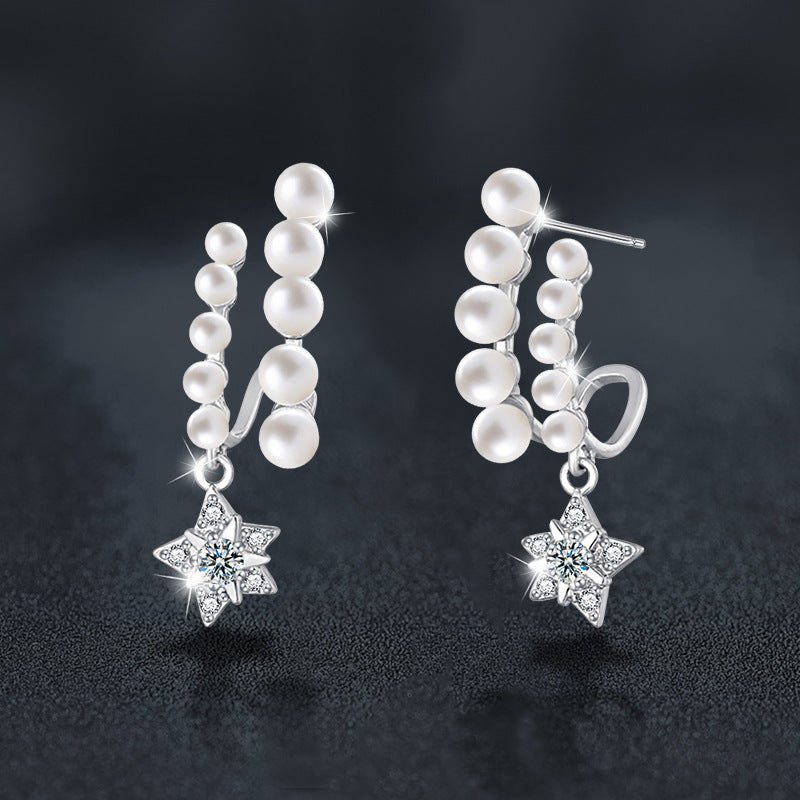 French elegance S925 sterling silver moissanite five-pointed star double-row pearl stud earrings
