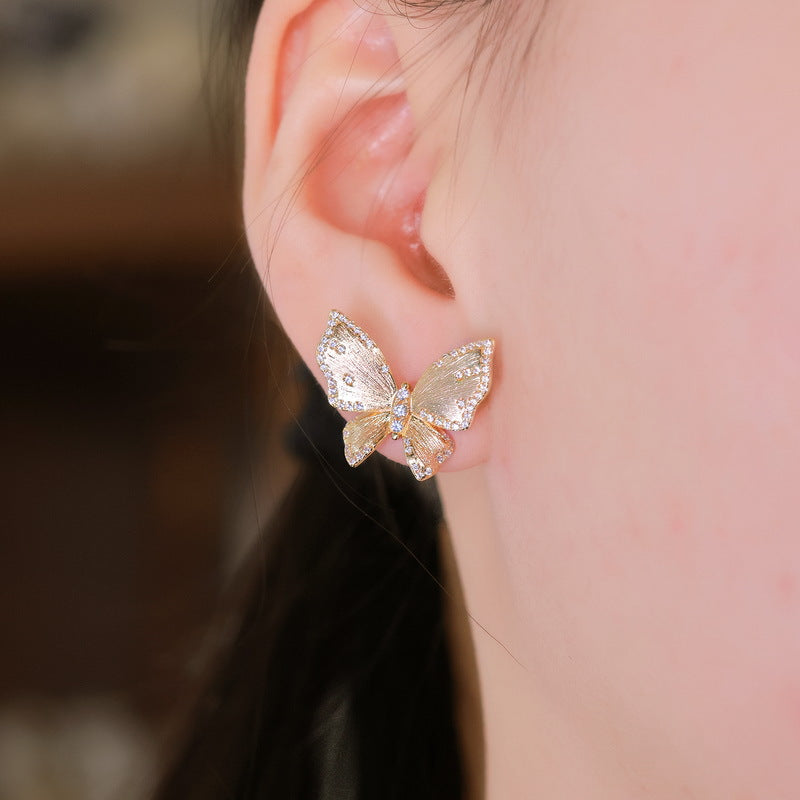 S925 Sterling Silver Gold-Plated Butterfly Zircon Earrings