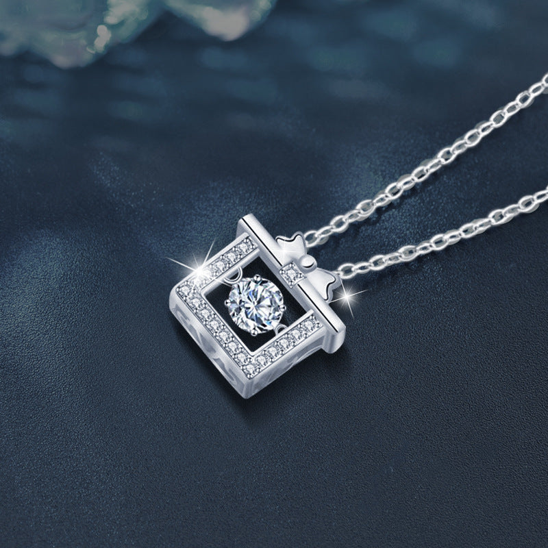 S925 Sterling Silver Moissanite Bow Gift Box Pendant Necklace