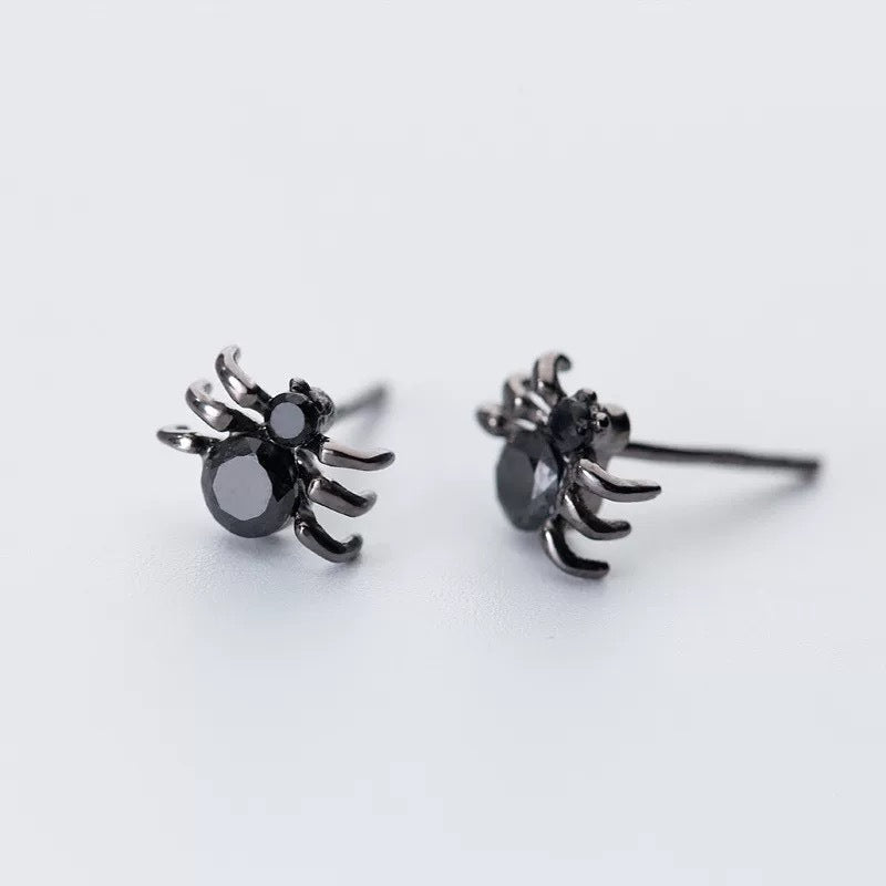 S925 Sterling Silver Halloween Black Spider Stud Earrings