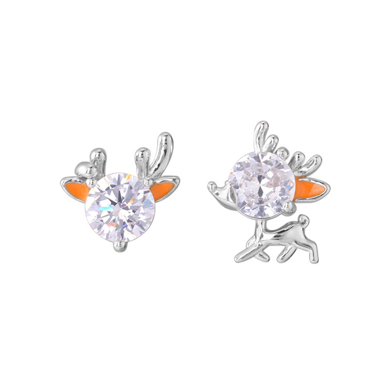 S925 Sterling Silver Asymmetrical Reindeer Christmas Stud Earrings