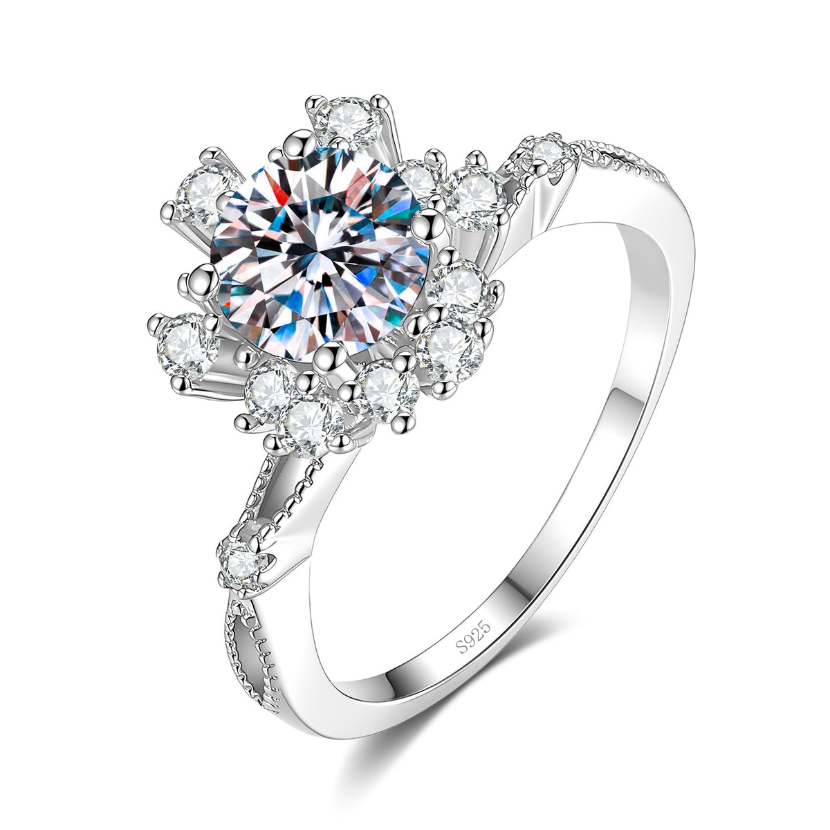 S925 Silver Flower Ring with Colorful Moissanite