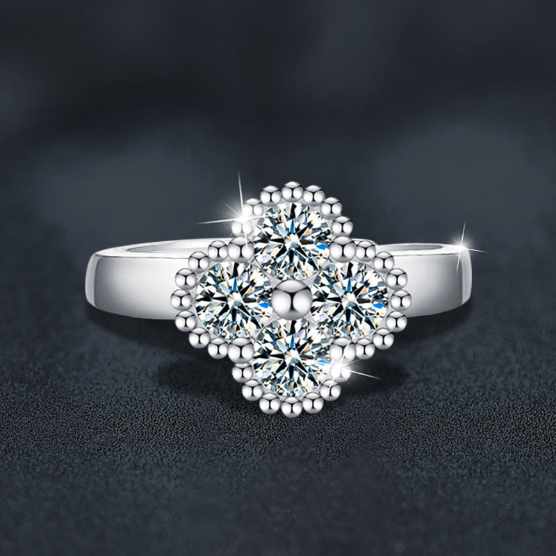 S925 Sterling Silver Four Leaf Clover Moissanite Ring