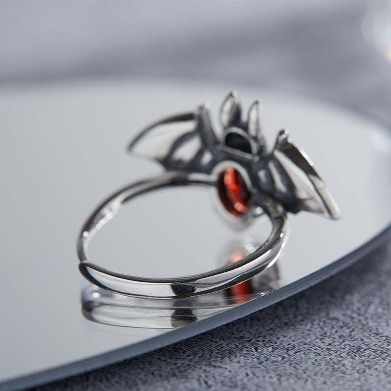 S925 Sterling Silver Halloween Garnet Bat Open Ring