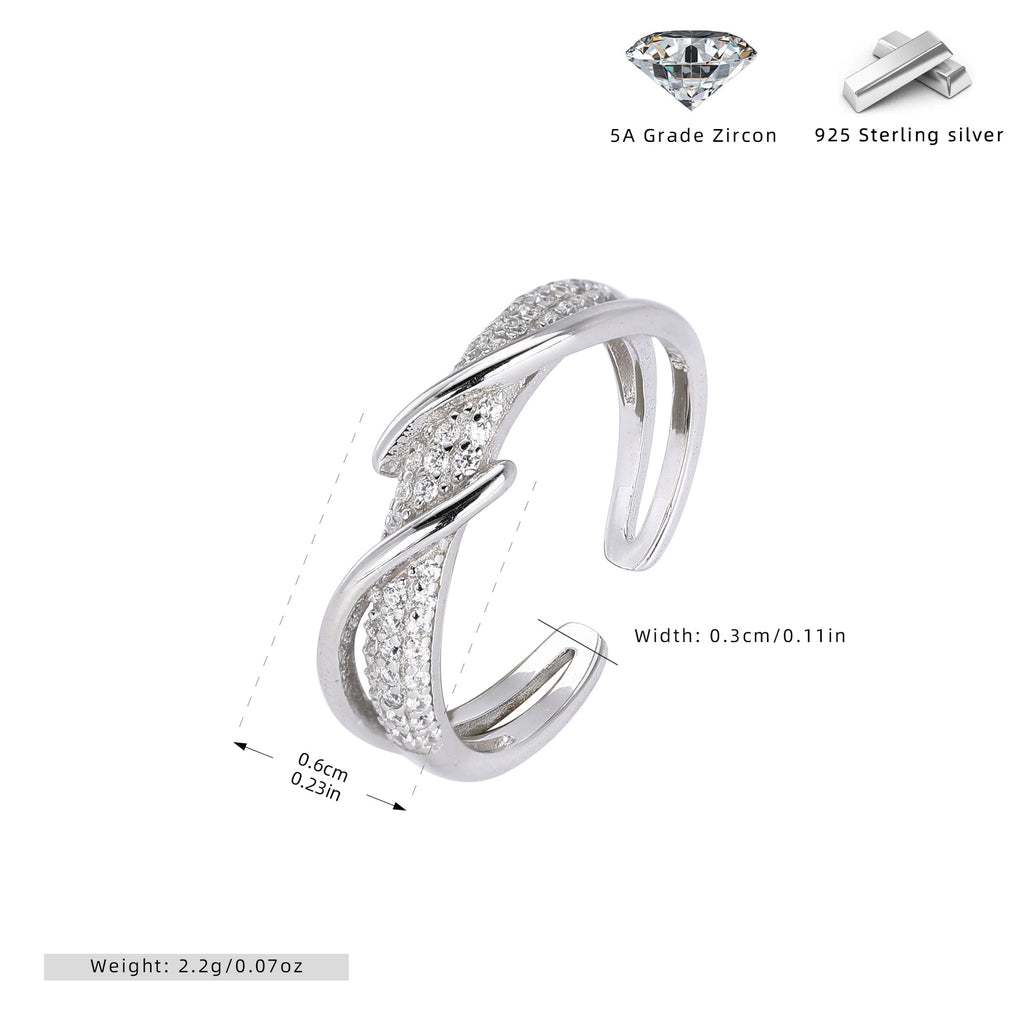 Minimalist style zircon-set open-style index finger ring, S925 sterling silver, intertwined design, understated luxury